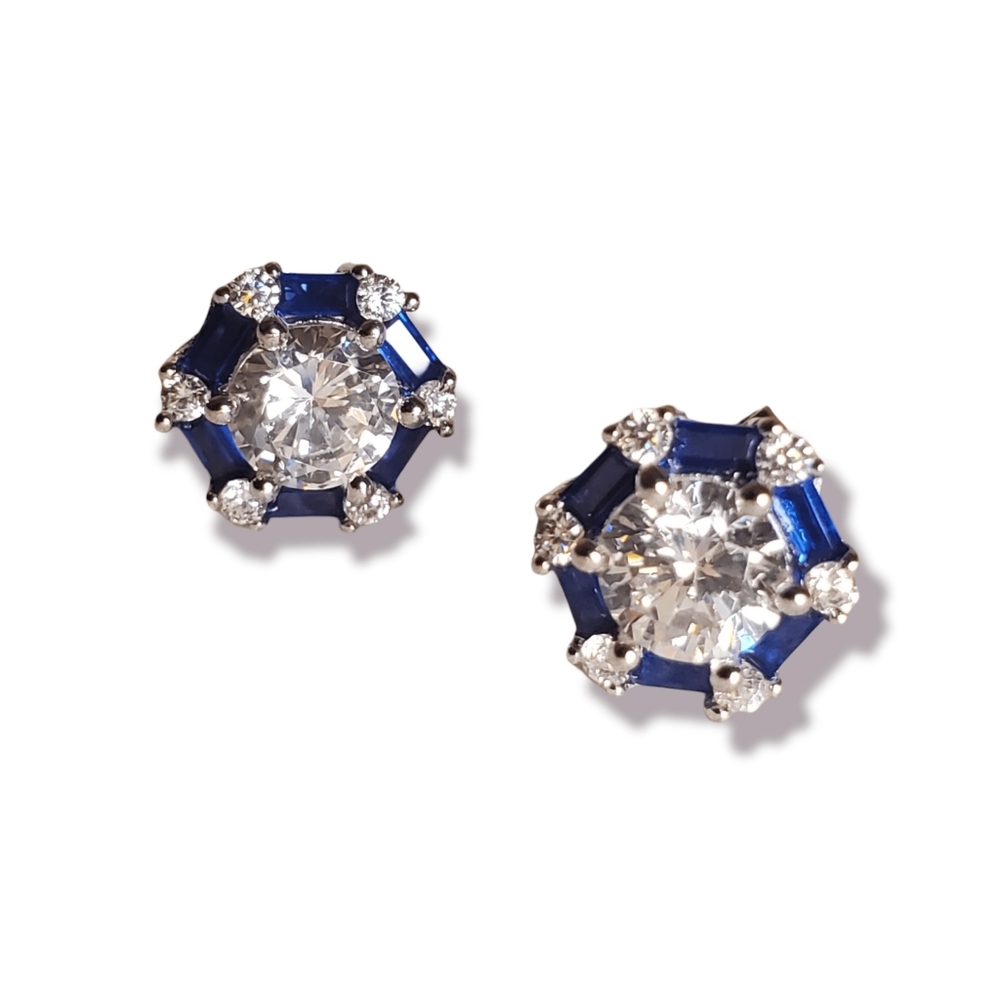 White or Yellow Created Blue Sapphire Diamond Stud Earrings